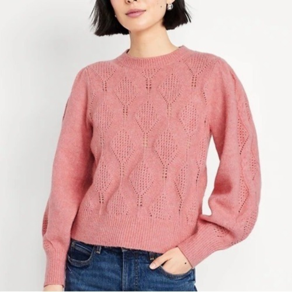 Old Navy NWT Western Pointelle Sweater L Knit Kitten Kisses Pink‎ Balloon Sleeve